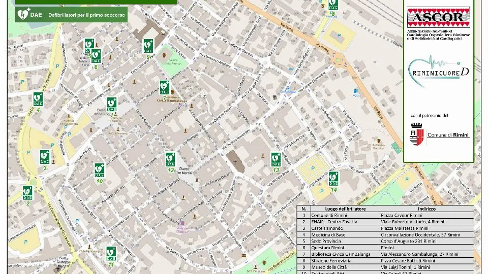 Mappa dei defibrillatori nel centro storico di Rimini
