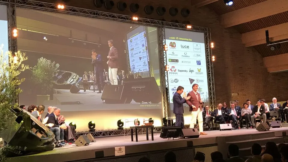 Brunello Cucinelli sul palco del Networking Day con Gianluca Spadoni