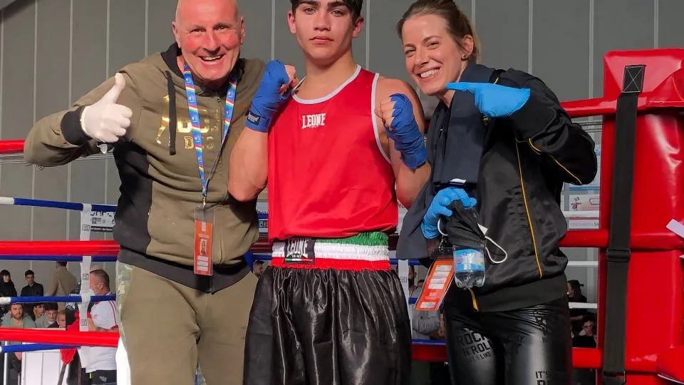 Noah Massart con il maestro Tiziano Scarpellini e il tecnico Valentina Lani
