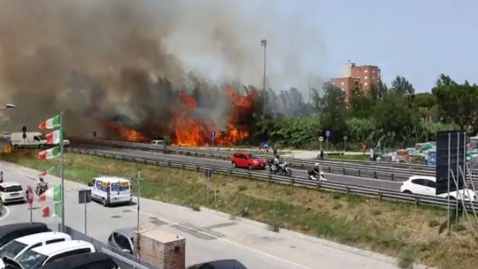 Le fiamme sospinte dal vento
