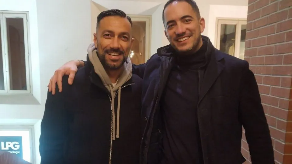 Il Coordinatore della scuola Maestre Pie di Rimini Manuel Mussoni con Fabio Quagliarella