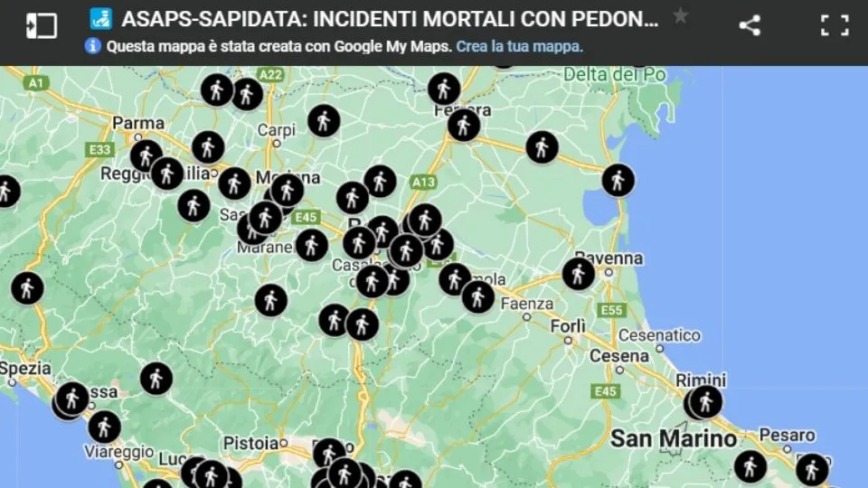 la geolocalizzazione dei pedoni deceduti nel 2023
