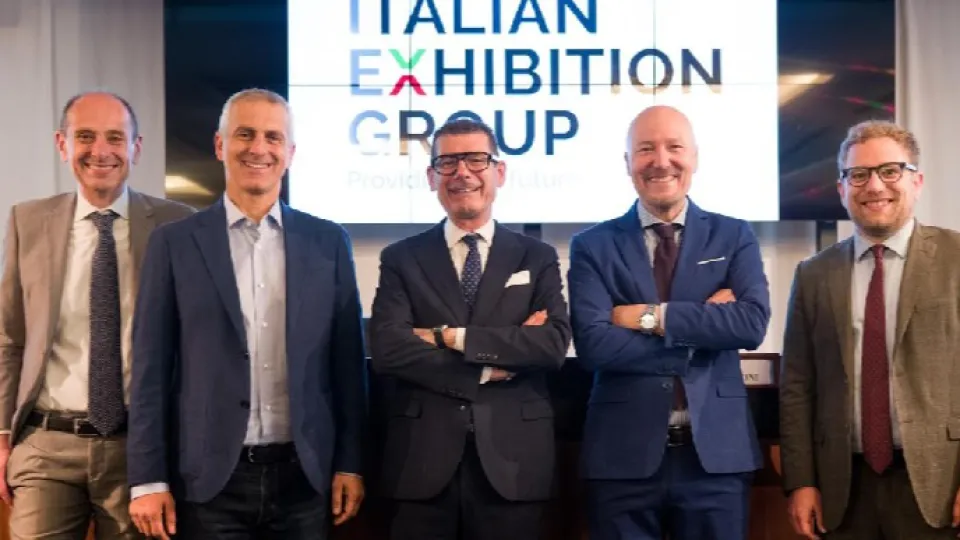 Carlo Costa, chief corporate officer di IEG, il sindaco di Rimini Jamil Sadegholvaad, il presidente di IEG Maurizio Ermeti, l'amministratore delegato di IEG Corrado Peraboni e il sindaco di Vicenza, Giacomo Possamai.
