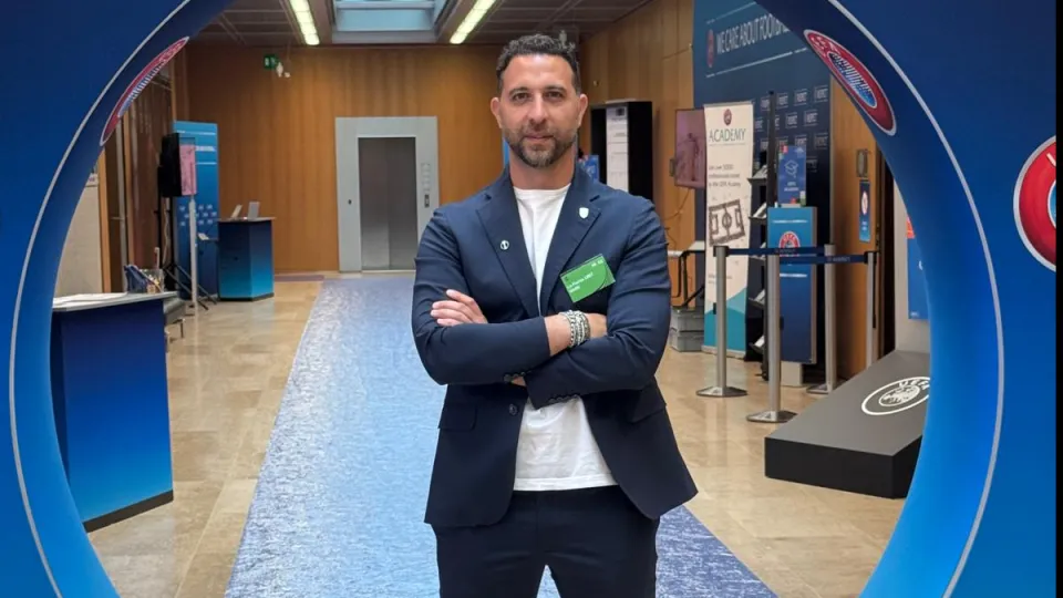 Il Vicepresidente de La Fiorita, Luca Bonifazi, ai sorteggi di Nyon