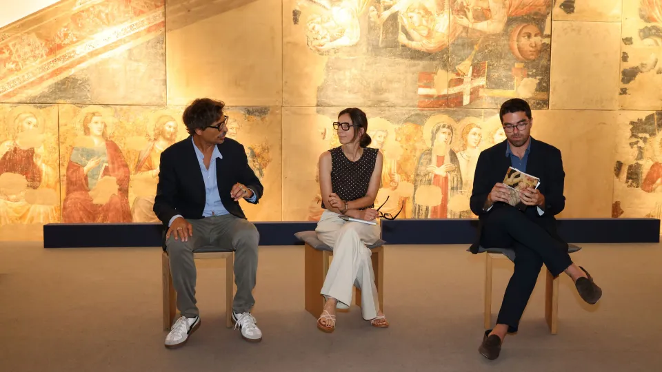 da sinistra, Alessandro Giovanardi, direttore dei Musei di Rimini, Sonia Revelant, restauratrice per la direzione Regionali Musei Nazionali Veneto), e l'assessore Michele Lari
