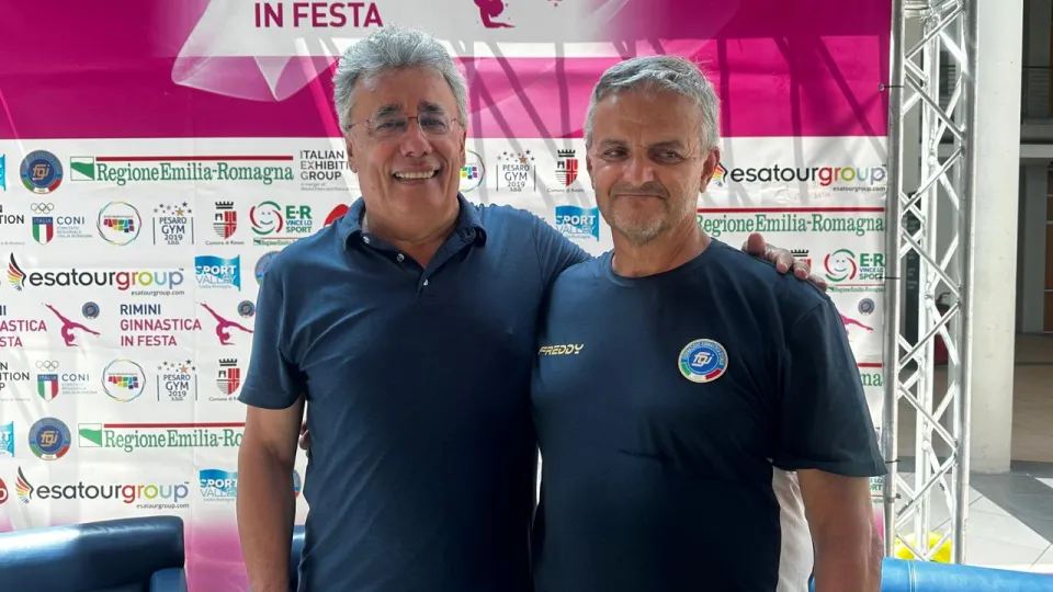 Ermes Cassani, Presidente del Comitato Organizzatore dell'AERE Cup e della World Cup, e Giuseppe Cocciaro, Direttore Tecnico Nazionale del Trampolino della Federazione Ginnastica d'Italia