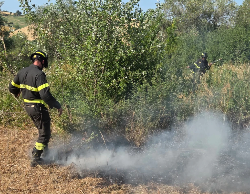 i vigili del fuoco impegnati a spegnere l'incendio a Saludecio (Adriapress)